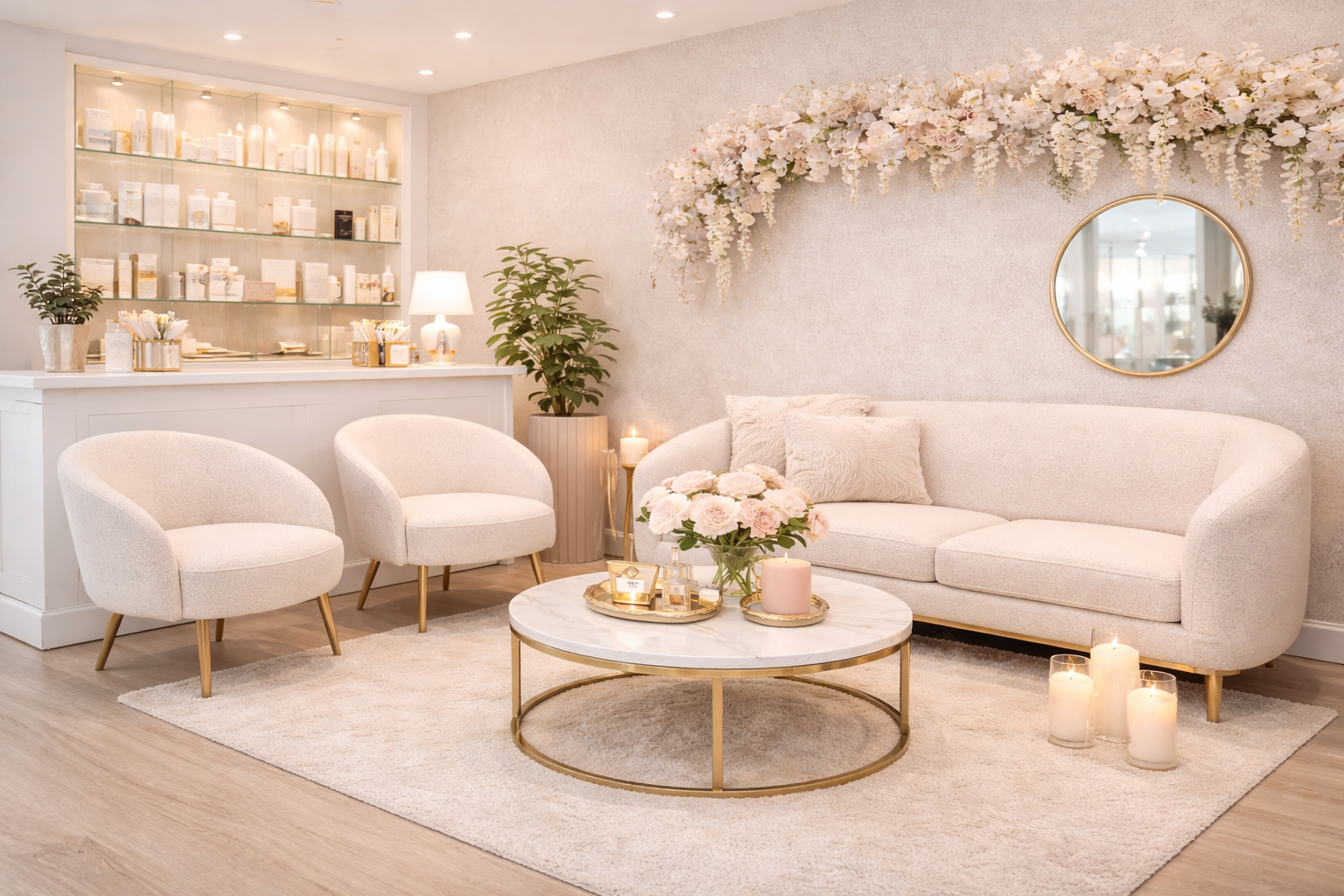 Realistic photo of a modern salon waiting area and reception flow